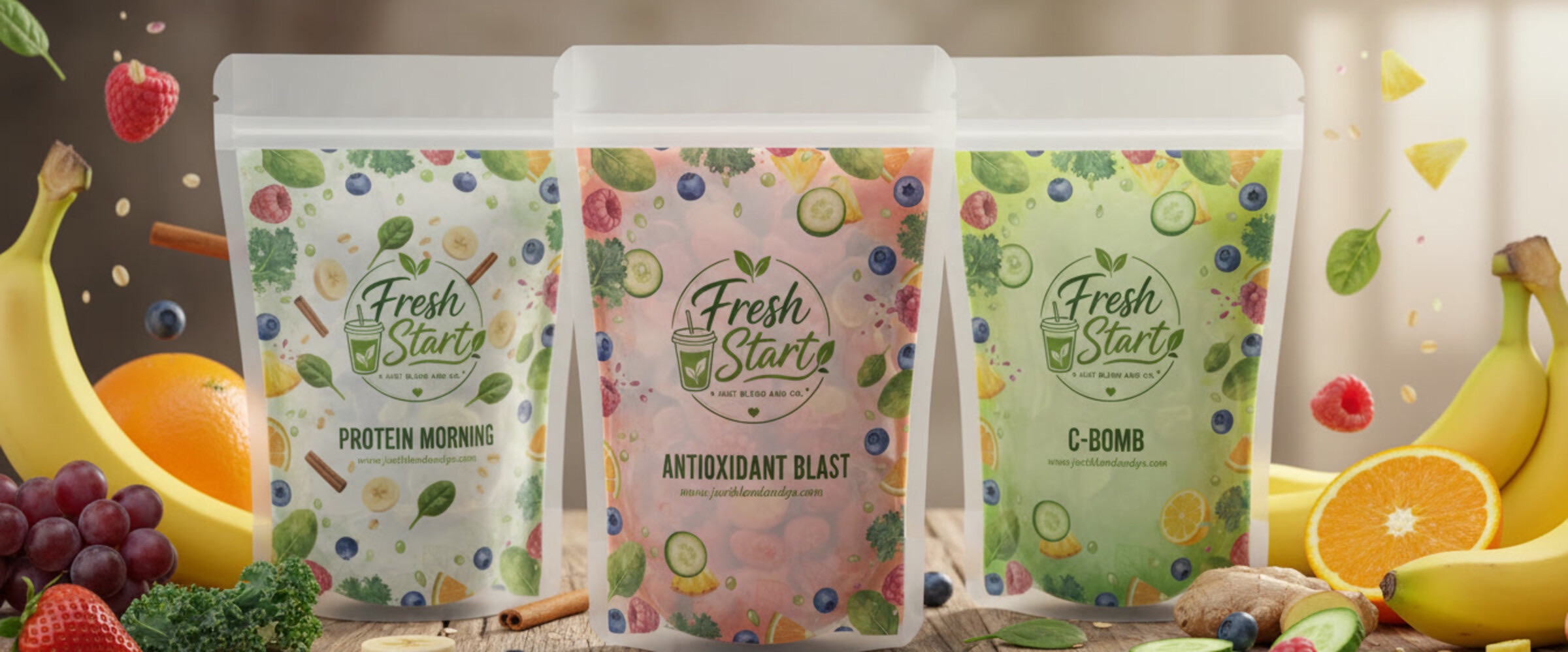 The three Fresh Start bags surrounded by fresh fruit and greens